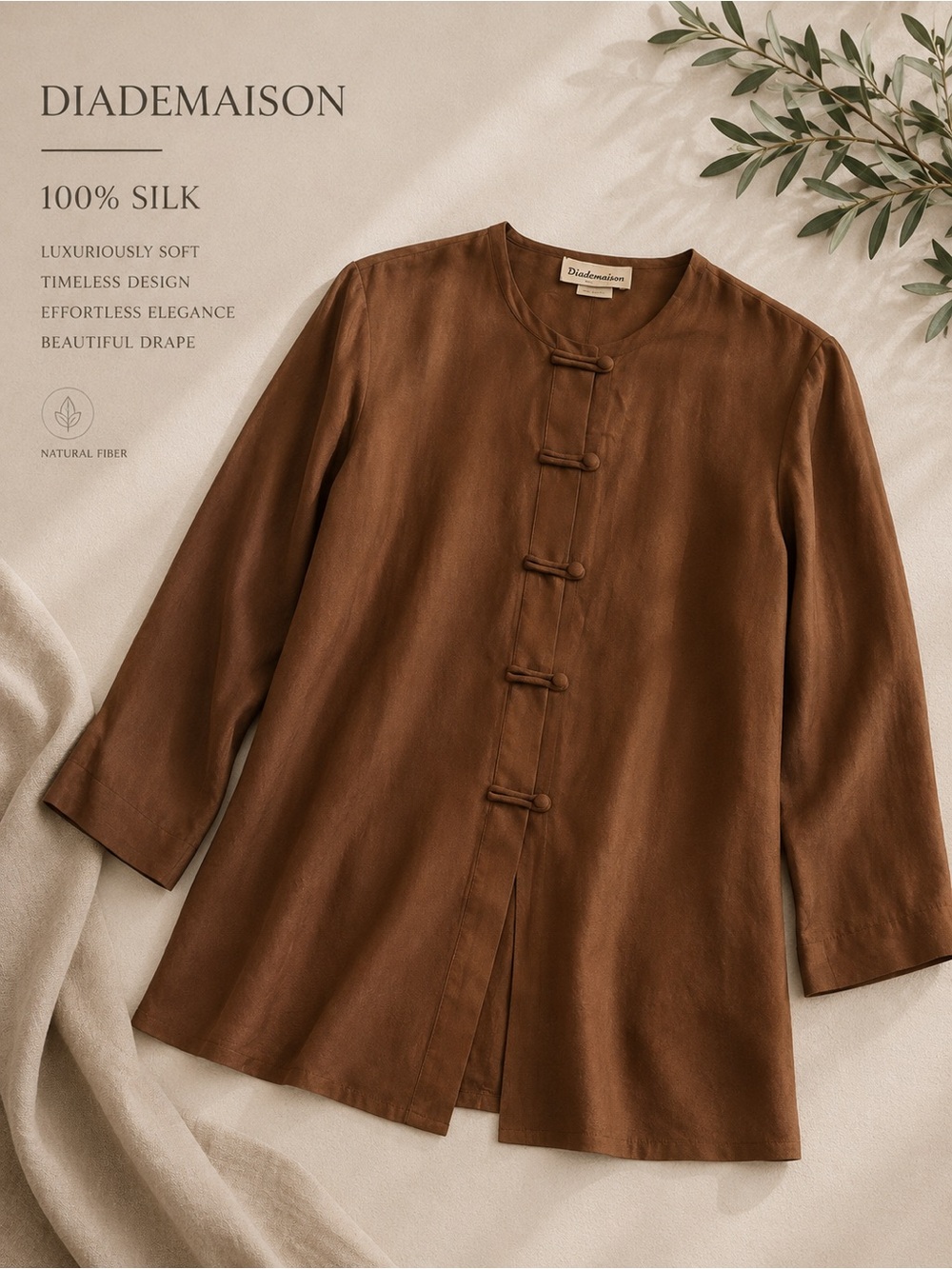 Women's Silk Mandarin Button-Down Top in Brown